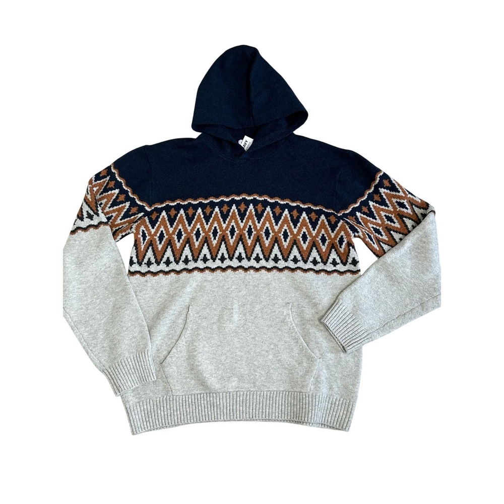 Old Navy‎ Fair Isle Hooded Sweater Size Large Navy Gray Geometric Knit